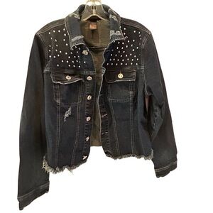 Jean Jacket Women's Size 12 Blue‎ Denim Jacket Pearl Studded Frayed Hem